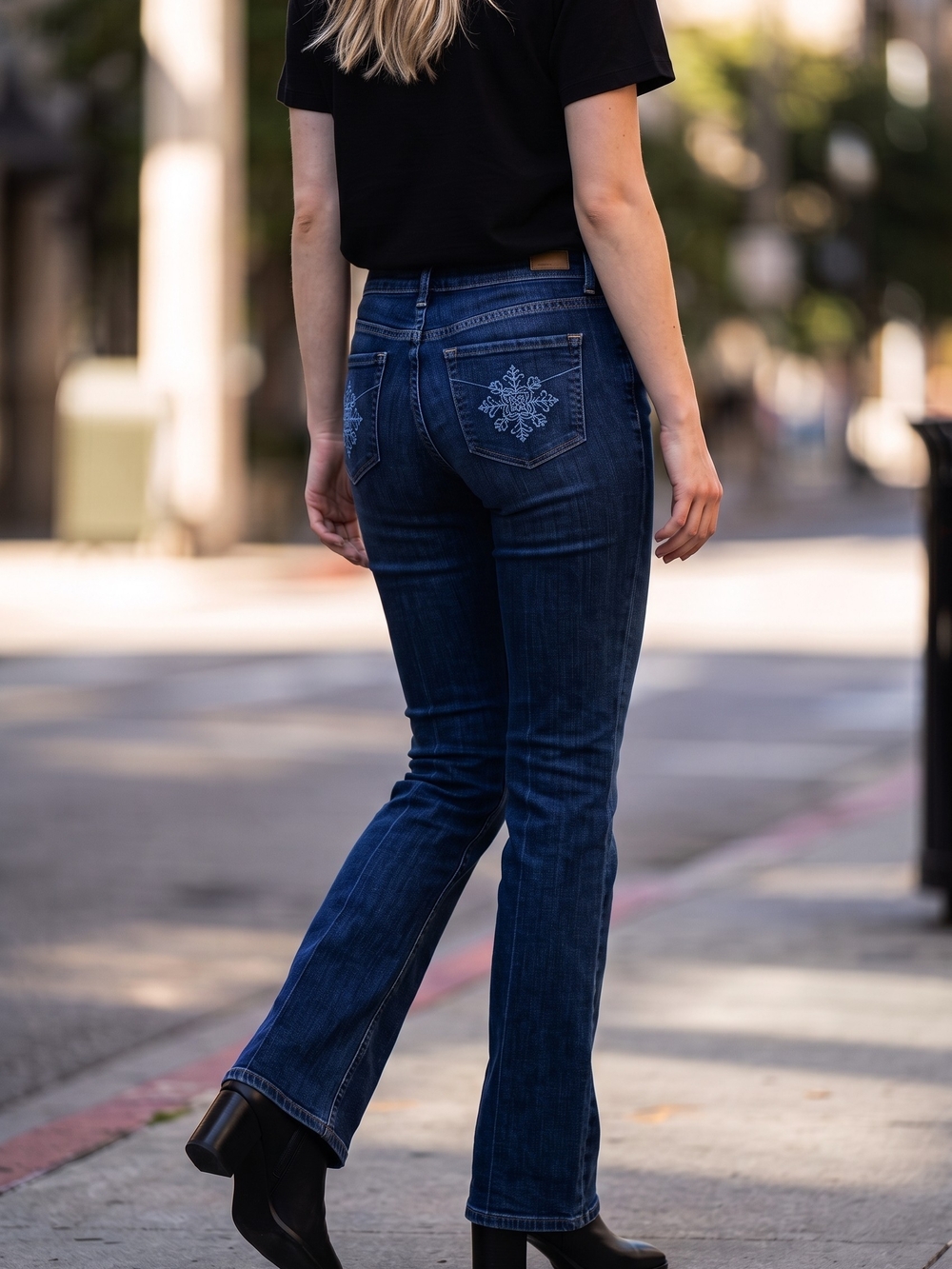PAIGE Dark Blue Embroidered Back-Pocket Laurel Canyon Bootcut Jeans